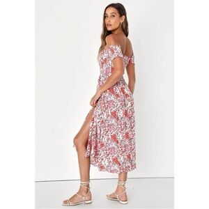 Lulus | Women’s Cream/Red/Pink Floral View From The Meadow Midi Dress Size XL